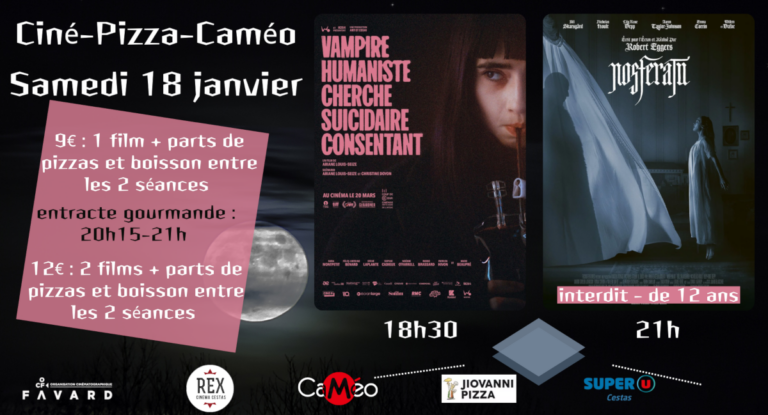 Lire la suite à propos de l’article [Ciné-Pizza spécial « vampires » du ciné-club Caméo] SAMEDI 18 JANVIER – Entracte gourmande avec parts de pizzas et boissons entre les 2 séances – Formules à 9€ et 12€